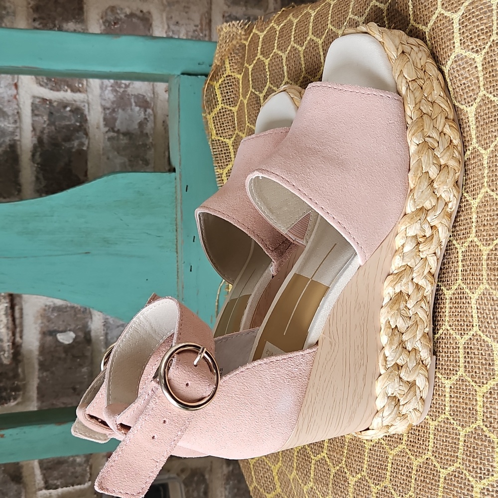 Dolce Vita Blush Otis Raffia Faux Wood Wedge Sandals - Picture 4 of 6